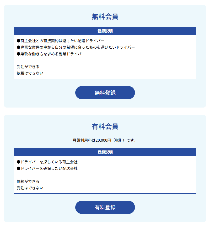 会員登録ページ。無料会員と有料会員が並び、それぞれに登録ボタンがある
