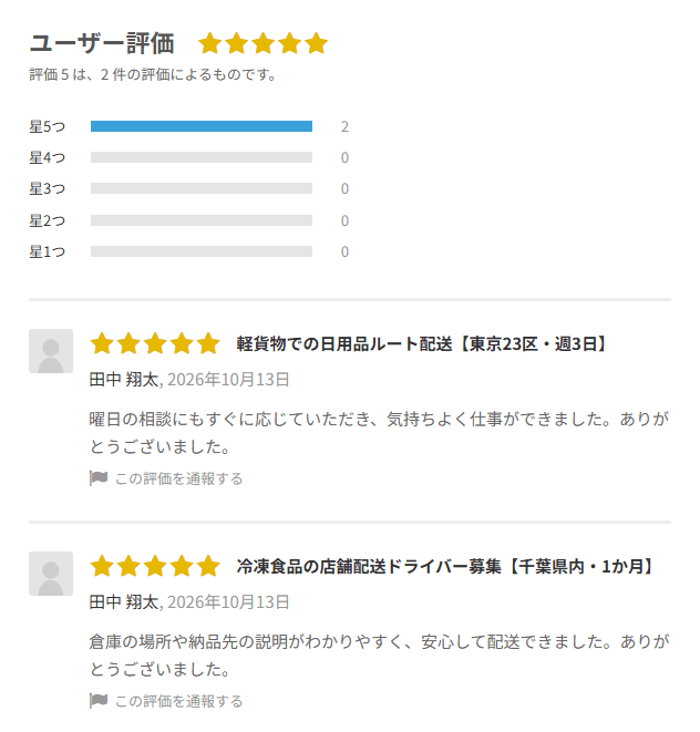 会員レビュータブ。評価の平均と星ごとの件数、その下にレビューが案件名つきで並ぶ