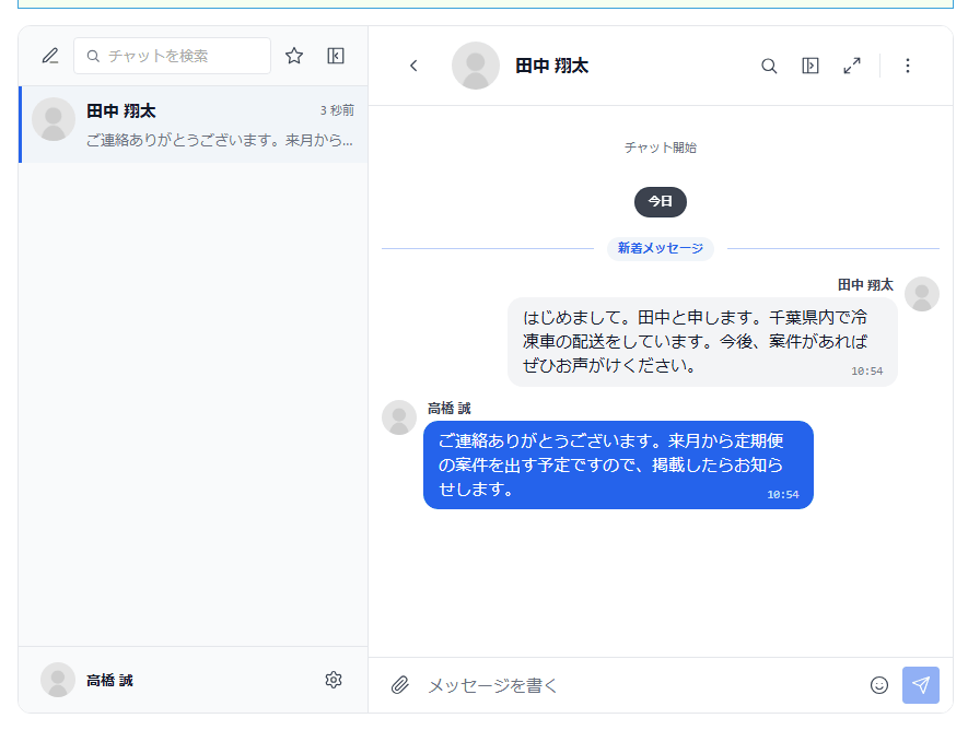メッセージの画面。左側にやり取りの相手が並び、右側に本文と入力欄がある